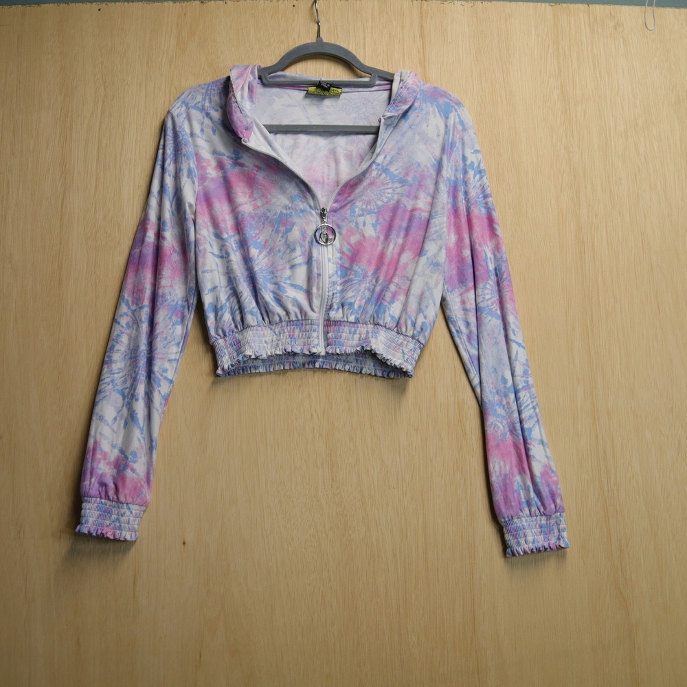 Baby Phat Pink Blue Tie Dye Cropped Zip Up Hoodie Y2K Smocked Hem Medium